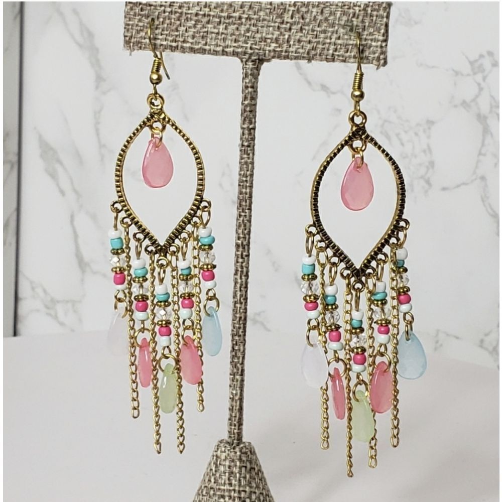 FRENCH HOOK Boho Dangling Beaded Chandelier Earrings